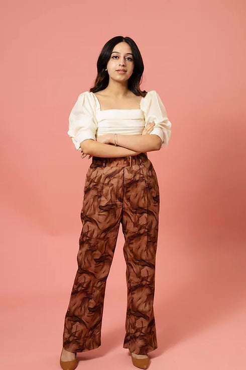 Classy Brown White Coord Set With Belt